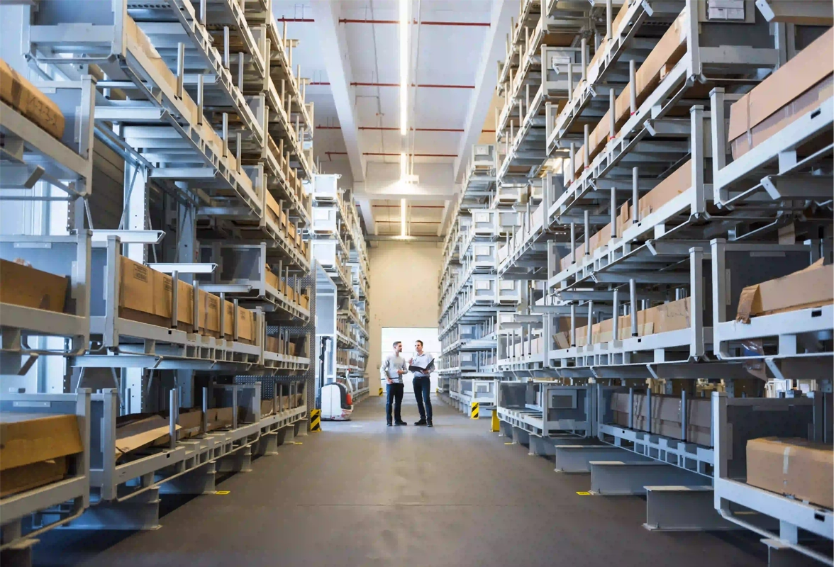 Warehouse featuring cantilever racks for long material storage and efficient organization