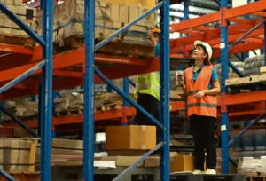 Warehouse aisle with storage racks